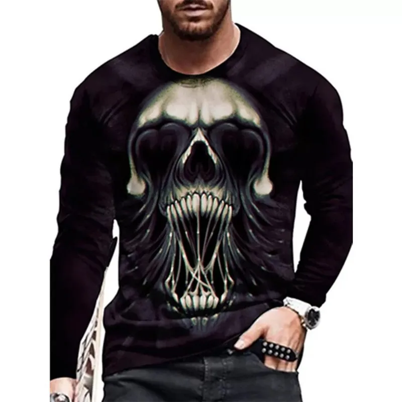 Grim Reaper Horror Gothic Men\'s T-Shirts Evil Style Halloween 3D Print Festival Tops Long Sleeve Casual Street Tee Big Size 6XL