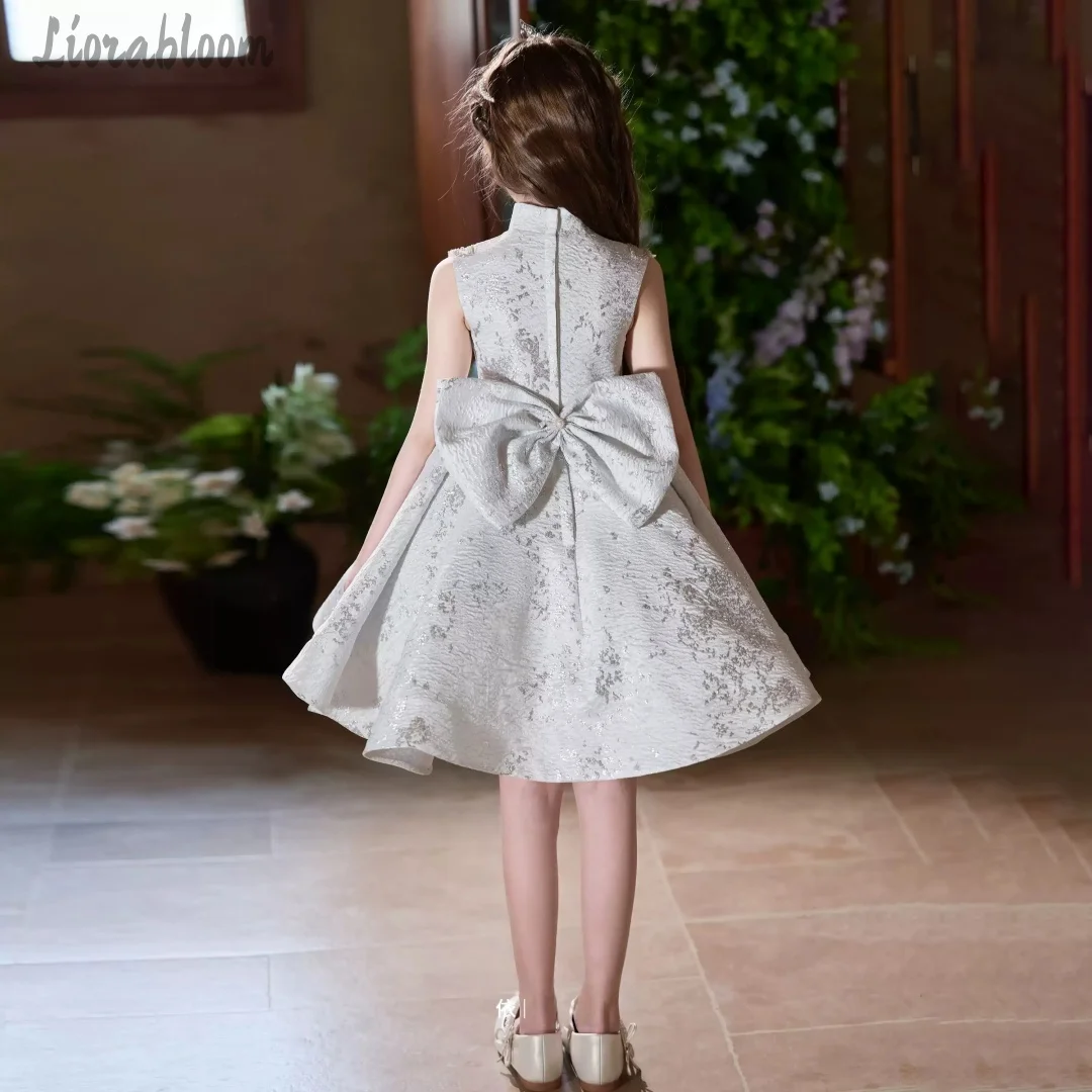 Abito da damigella a trapezio floreale ricamato con collo semi-alto per bambina, vestito da cerimonia per matrimonio
