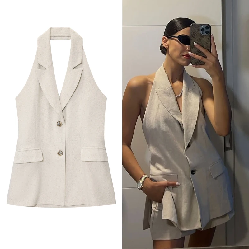 

Halter Women's Vest Sleeveless Coats Elegant Woman Top White Linen Vest Female Fashion Waistcoat Off Shoulder Summer Outerwear