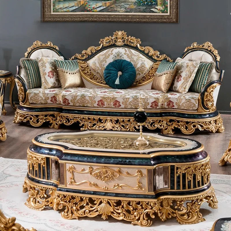 #French Luxury Solid Wood Carved Sofa Set Gold Leaf Crown Upholstered Arc Shape European Style Living Room Furniture