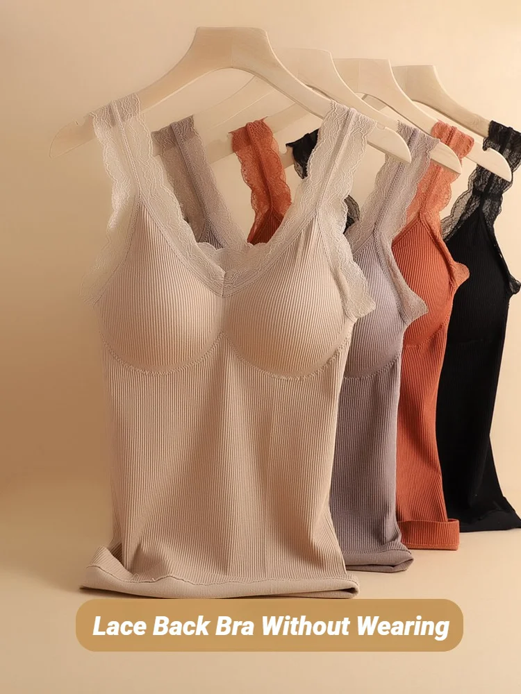 Thermal Underwear Female Velvet Lace V-neck  Slim Warm Vest Camisole Cotton Tank Tops термобелье женское