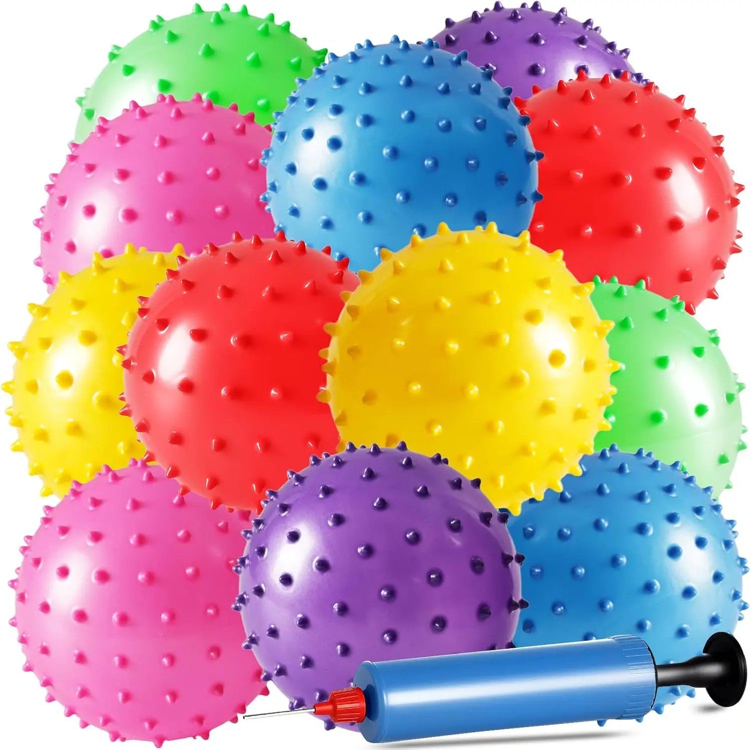 

12 Pack Spiky Bouncy Balls, 5" Sensory Toys for Kids & Adults, Stress Relief Fidget Toy with Pump