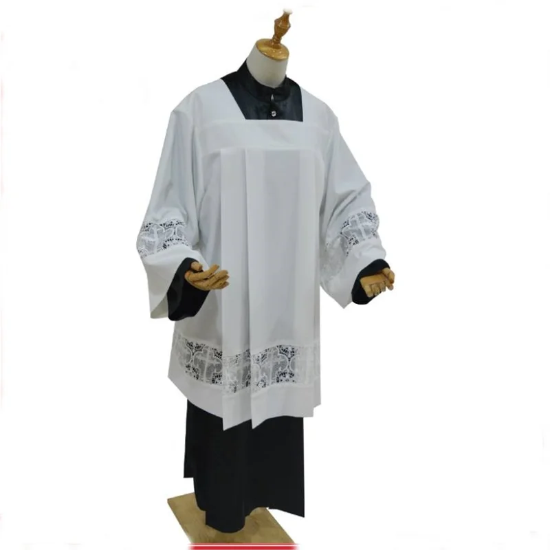 

2PCS Sets Altar Server Vestments White Surplice Pastor Robe Catholic Pleated Lace Rochet Liturgical Cotta Cassock Choir Dress