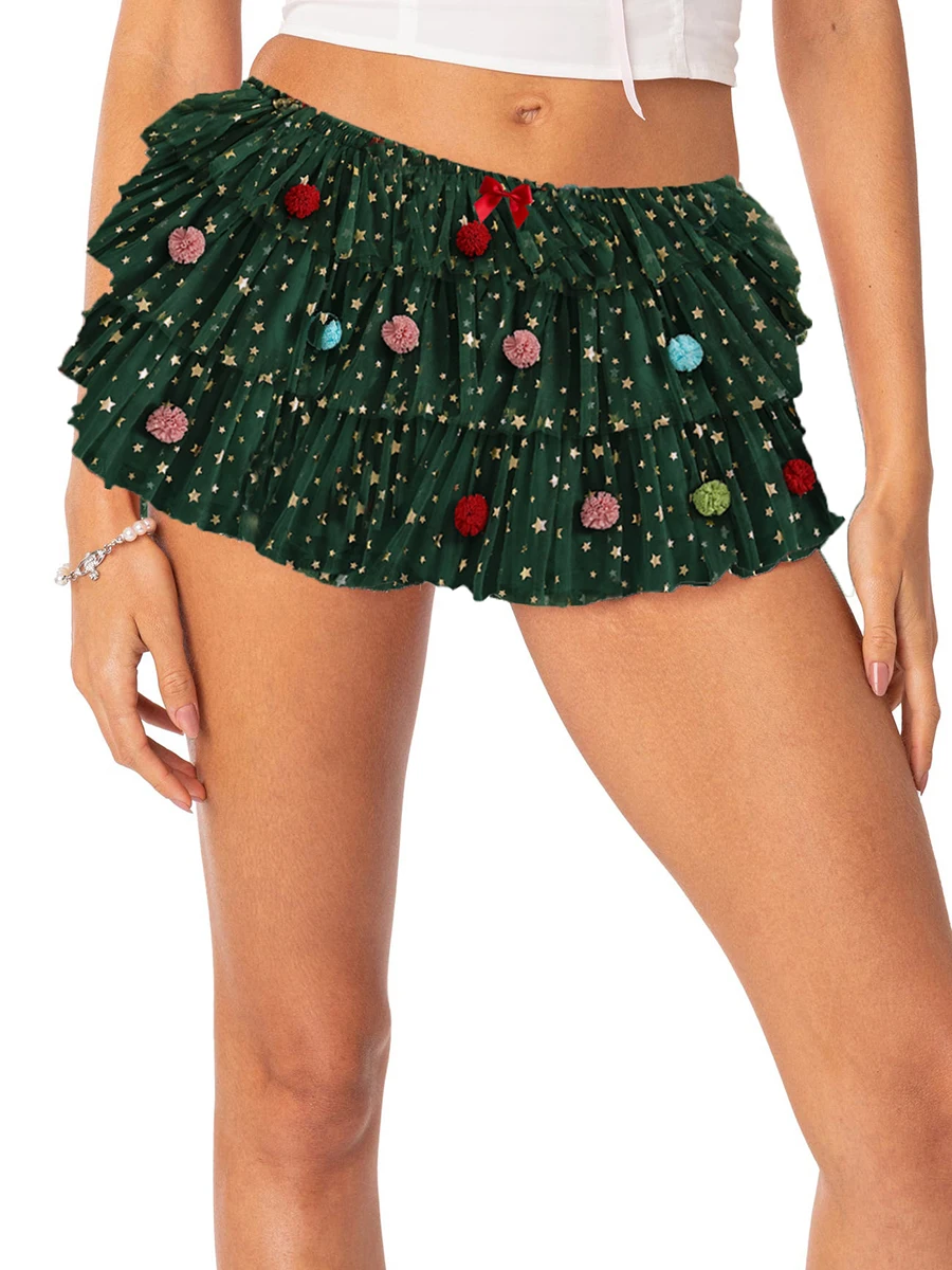 Women's Christmas Mini Skirts Colorful Bobbles Star Print Short Skirts Layered Tulle Ruffles Casual Skirts