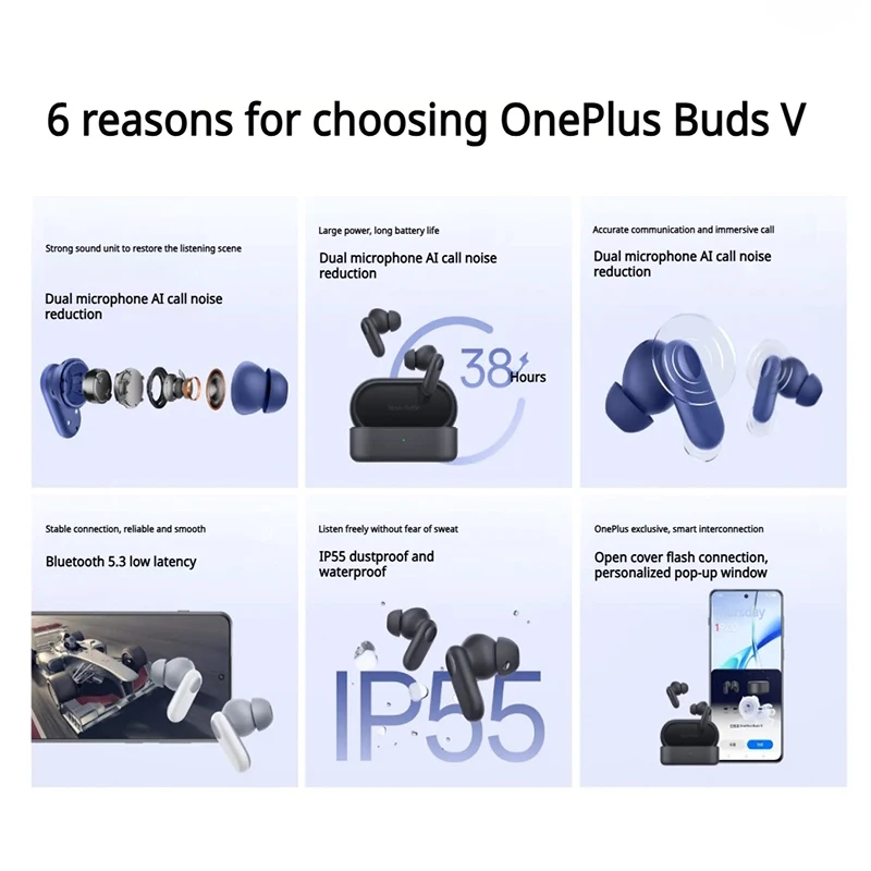 Original OnePlus Buds V Headphones Wireless Bluetooth 5.3 Earphones 2 Microphone Call Noise Reduction Earbuds TWS HiFi Headset