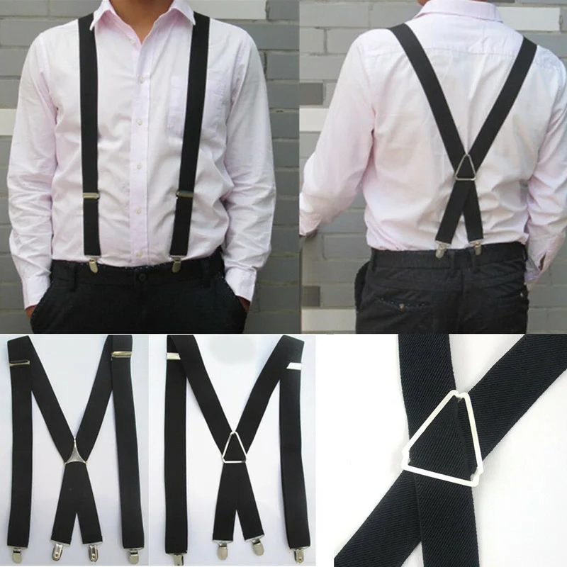 New X Back Metal Cross Black Plating Buckle Solid Fashioin British Style 4 Clips Strap Leather Men's Suspender Elastic