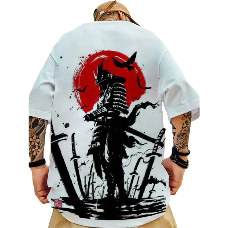 Fashion Japanese Samurai Printed Men\'s Trendy T-shirts Summer O-Neck Short Sleeve Loose Tee Shirts Streetwear Hip Hop Tops 3XL