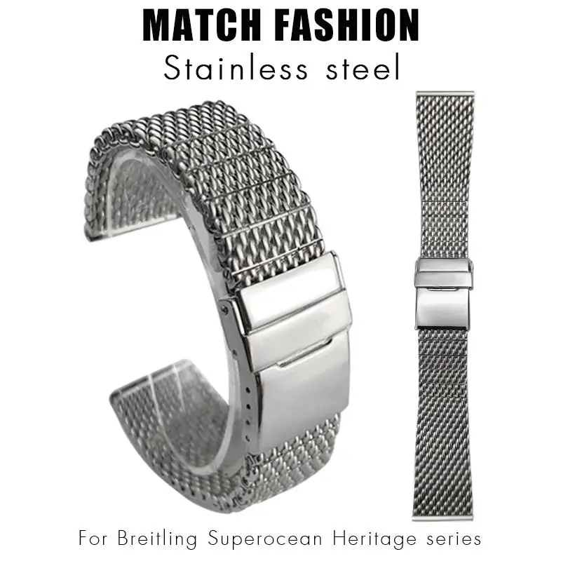 HAODEE 316L Woven Stainless Steel 22mm 24mm Watchband For Breitling Silver Watch Strap Folding Buckle Wristband