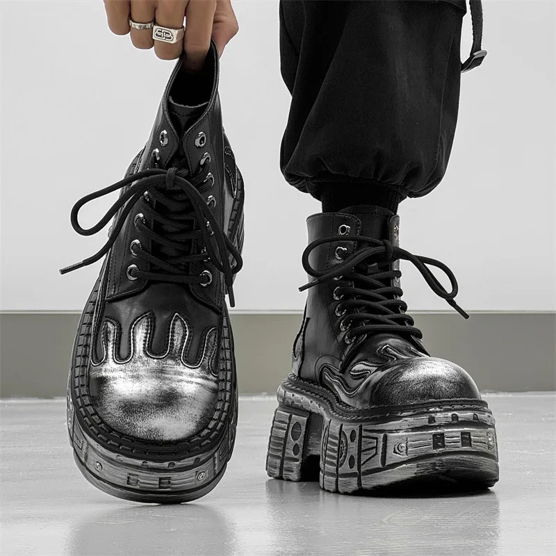 

Gothic Punk Style Flame Patchwork Western Street Casual Shoes Round Toe Thick Sole Platform Chunky Heels Men Ankle Boots Lace Up