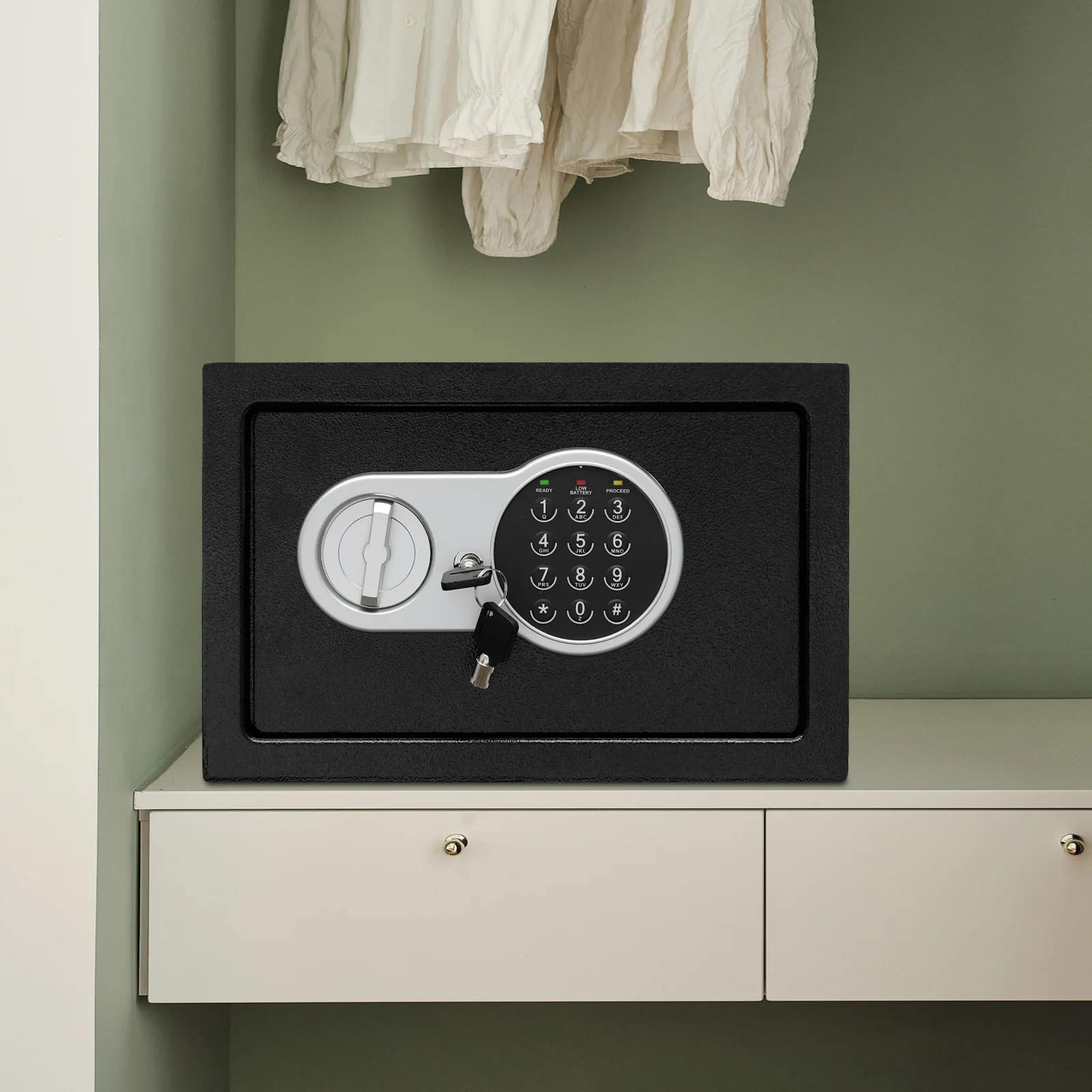 Cassetta di sicurezza in acciaio per deposito di sicurezza 31X20X20 cm Cassetta di sicurezza con serratura digitale con chiavi 3-8 cifre password 2 * Cassetta di chiavi