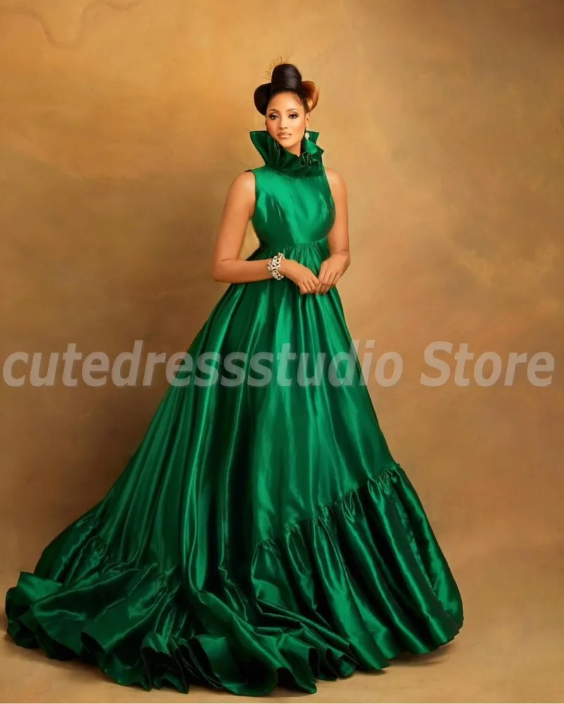 Aso Ebi-Robe de Soirée en Satin Vert Émeraude, Longue, à Volants, Col Haut, de Bal Africain, Quelle que soit la Tenue de Mariage Personnalisée