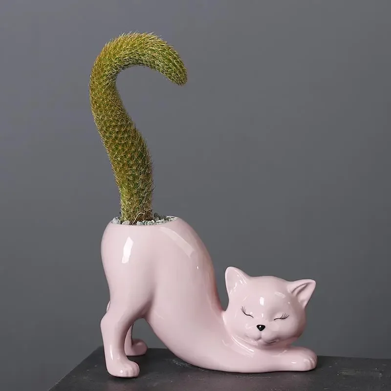 Maceta de cerámica con forma de gato, herramienta para flores de Cactus con cola de mono, planta para balcón interior, gato bonito de dibujos animados