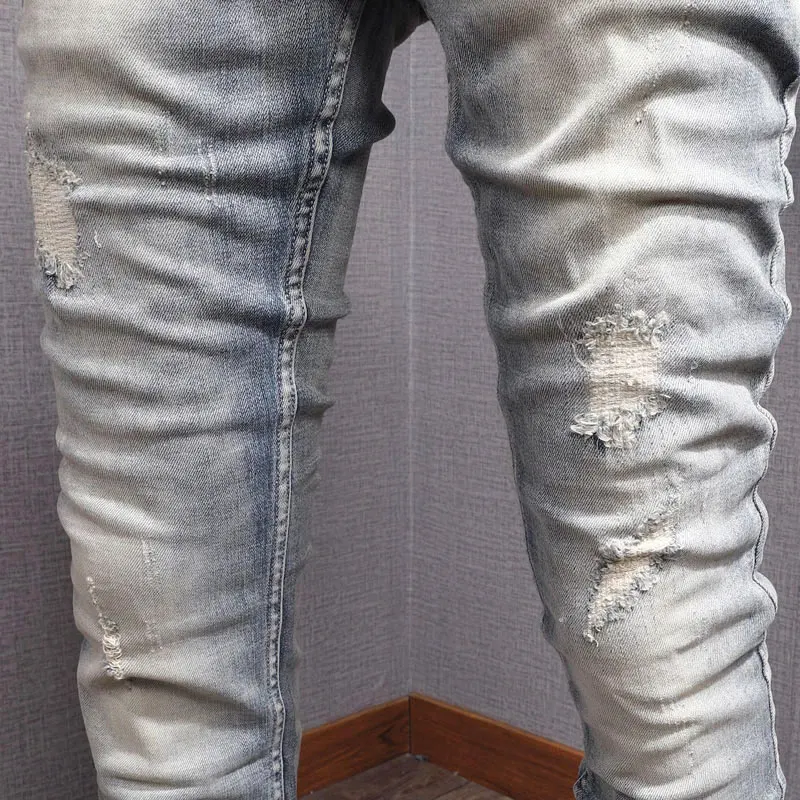 Fashion Designer Men Jeans High Quality Retro Light Blue Plain Washed Slim Fit Ripped Jeans Men Patched Vintage Denim Pants