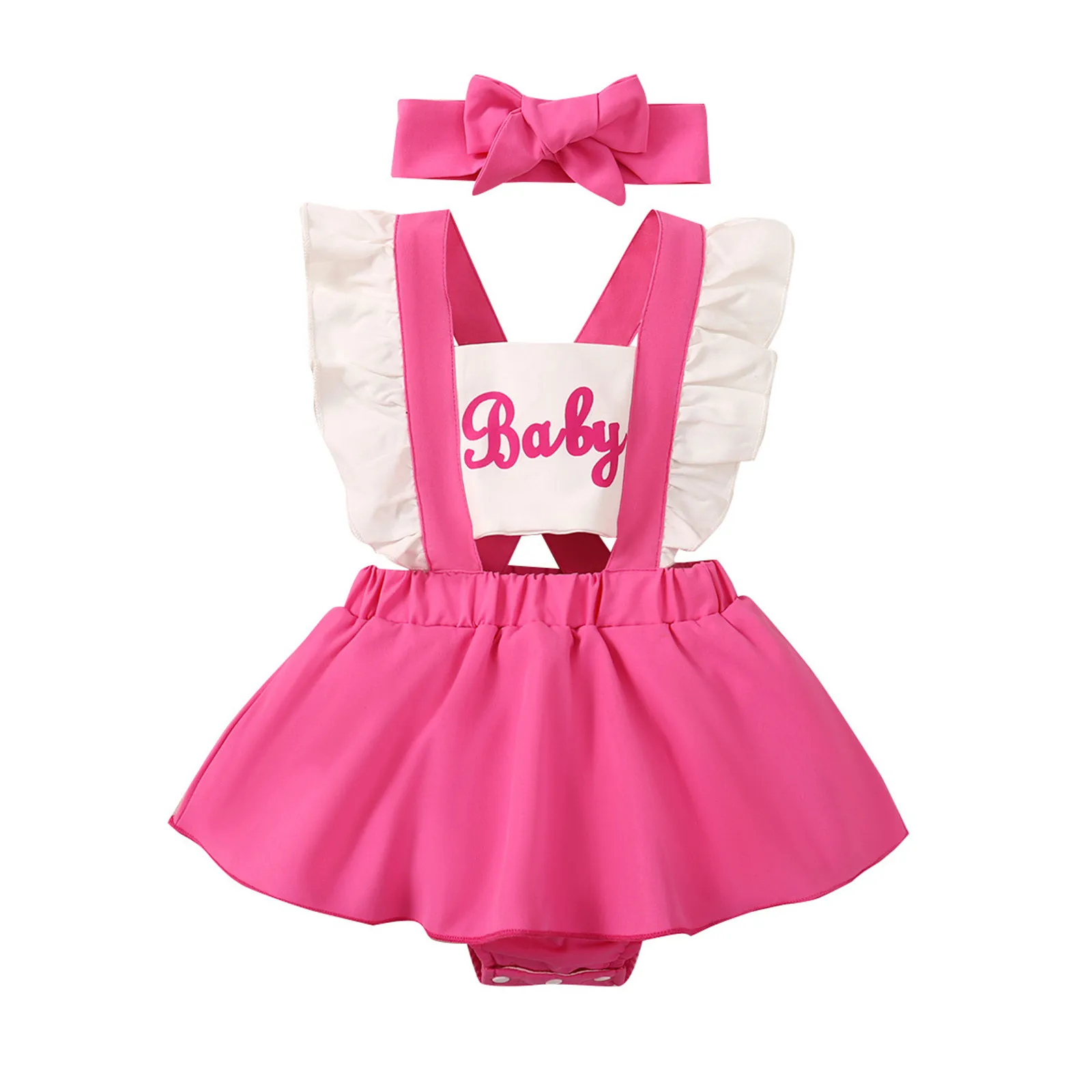 Baby Backless Dress Romper Infant Boys Girls Fly Sleeve Ruffles Letter Prints Jumpsuit Newborn Bodysuits Headband 2Pcs Outfits