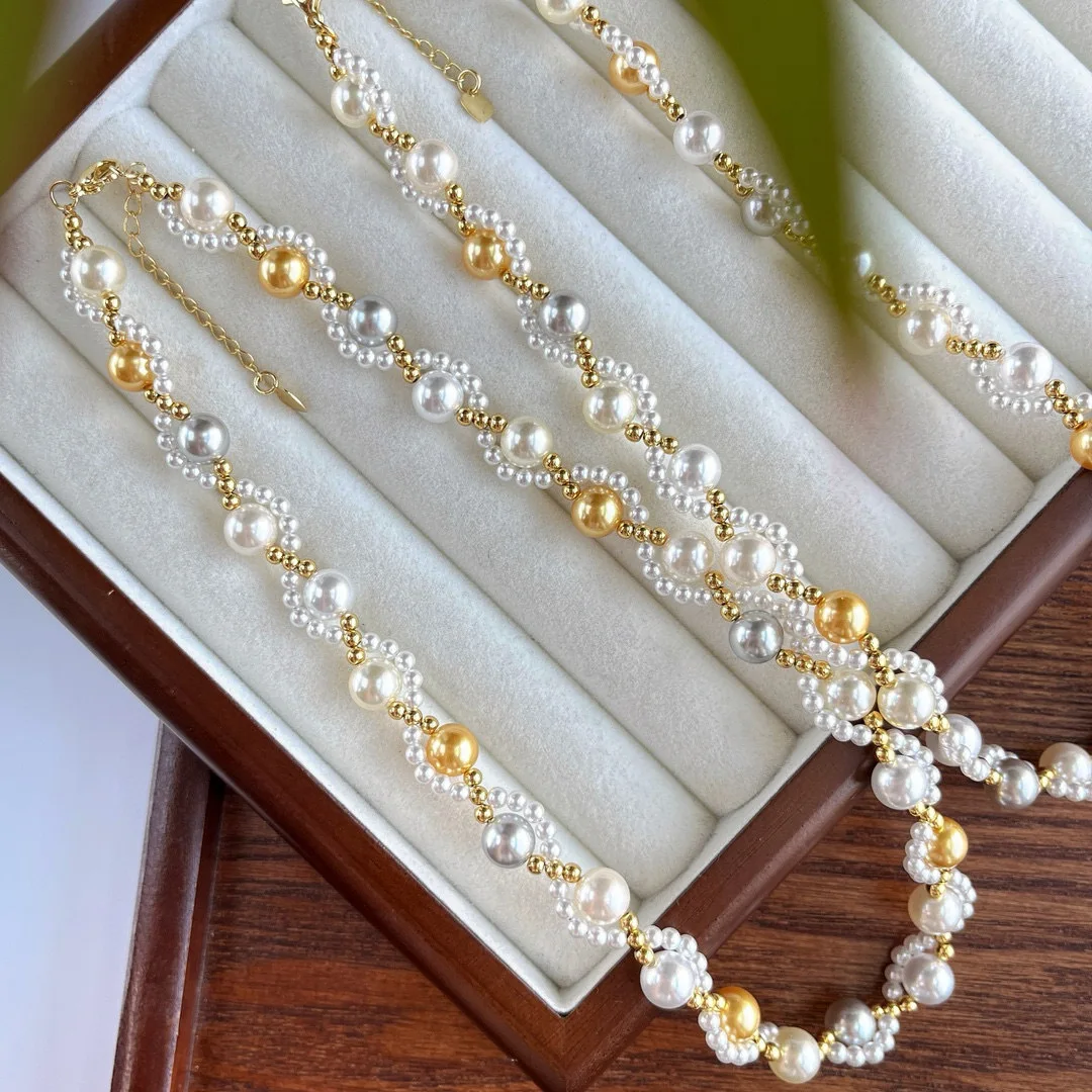 Vintage High-quality High Gloss Cold White Mixed Color Warm Gold Candy Woven Pearl Collarbone Chain Necklace