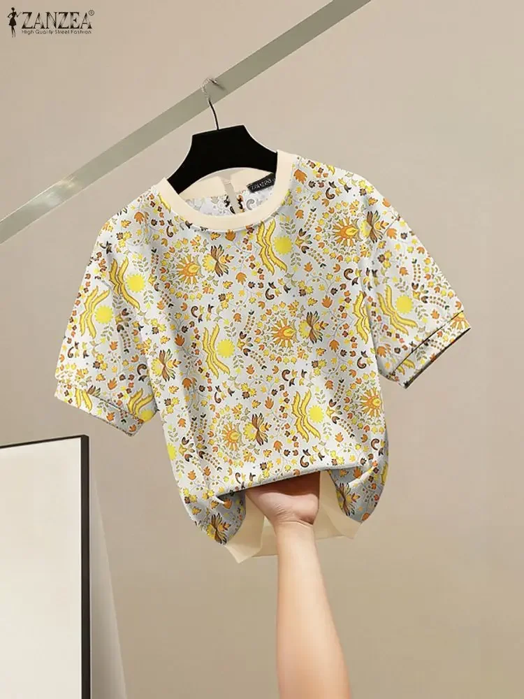 ZANZEA Vintage Donna Top Stampa Camicetta Camicie estive 2025 Moda Manica corta Casual O-Collo Tunica Allentato Caftano Blusas Femininas