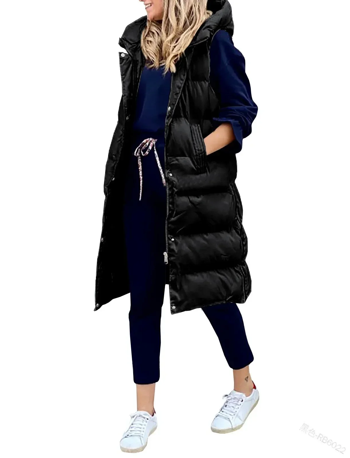 Women Coat Solid Color Hooded Long Cotton-padded Jacket Vest, Casual Fashion Single-breasted Pocket Solid Color Autumn Winter