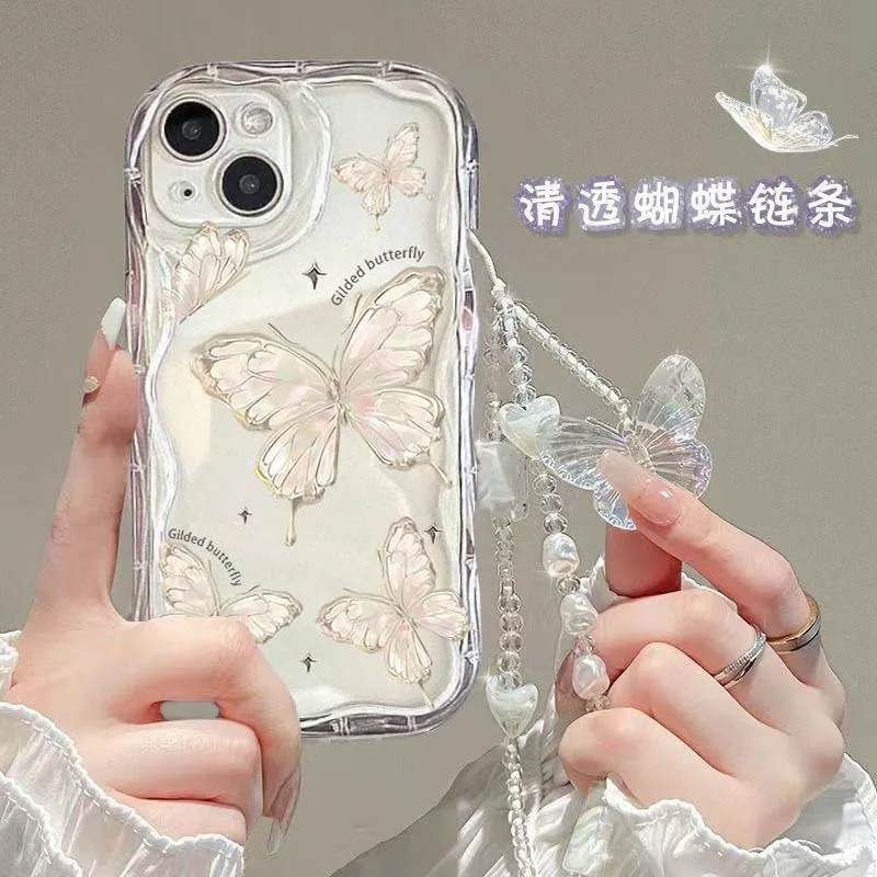 Korean 3D Butterfly Bracelet Chain Phone Case for IPhone 15 Pro Max 14 11 13 12 Mini XR 8 7 Plus X XS SE 2022 Wavy Clear Cover