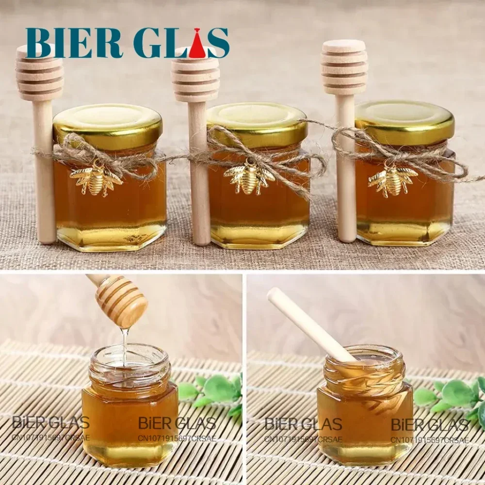 1.5oz Hexagon Mini Glass Jar Wood Dipper Gold Lid Bee Pendant Jute Rope Set Or Small Containers Bottles for Jam Candies Honey