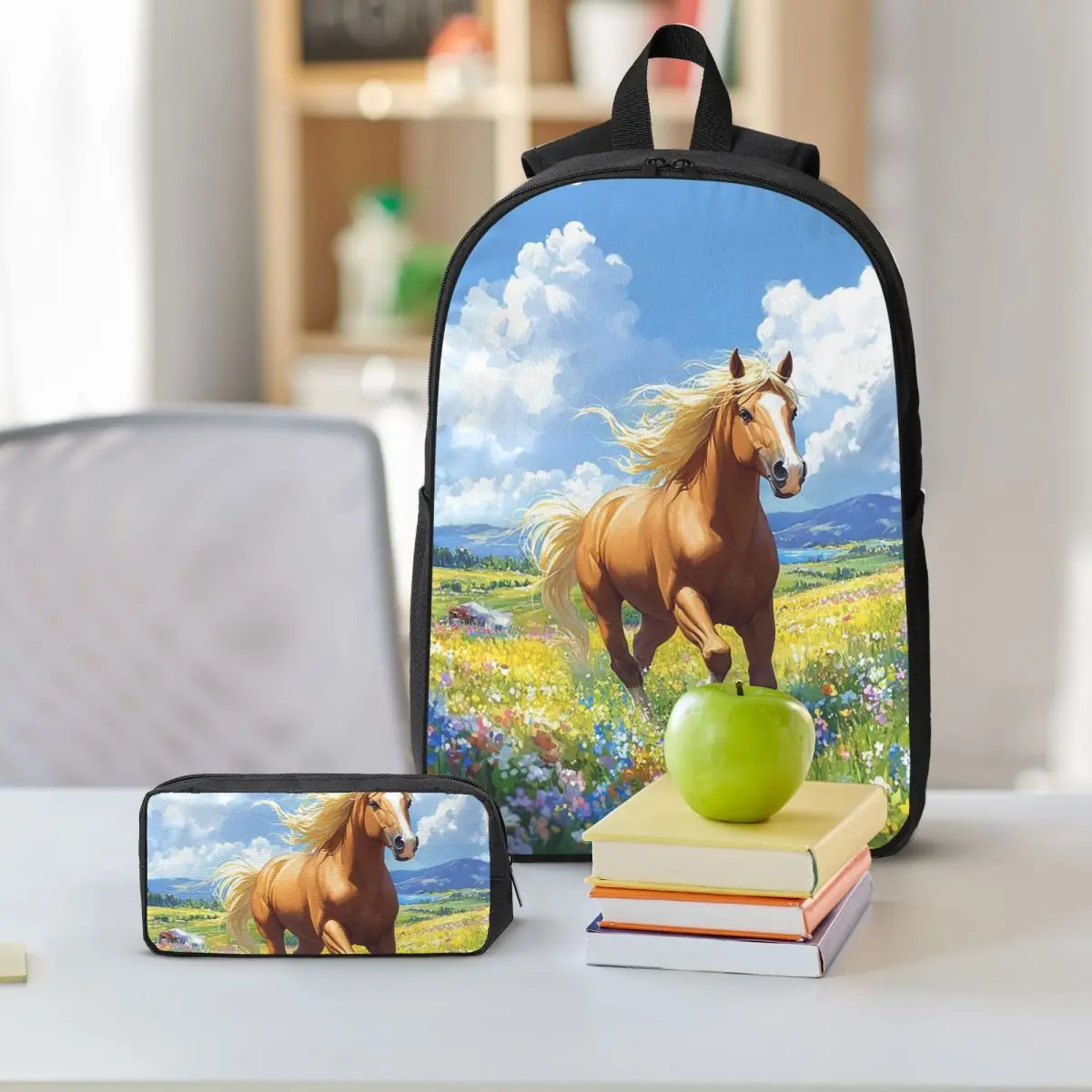 Vintage Horse Running Among Green Flowers Backpack Kids BookBag School Bag Shoulder Bags 3ps Insulated Lunch Bag Pencil Case