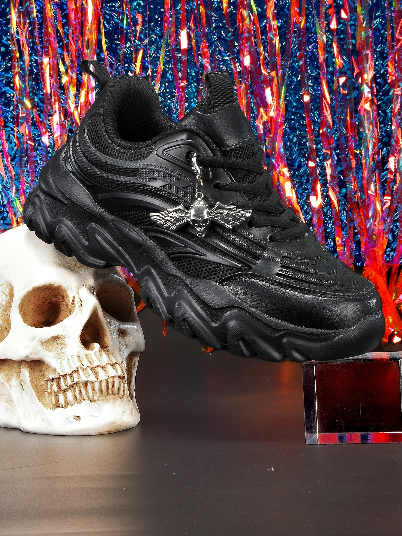 Women's Thick-Soled 5cm Height-Increasing Dad Shoes, Dark Punk Style, Retro Silver Angel Skull Metal Decoration, Mesh Breathable Eva Irregular Sole, Black Casual Sneakers, Trendy Street Style, Unique Design, Sweet Cool Spicy Girl Student Campus Versatile Soft-Soled Comfortable Sports Shoes for Women - view 3