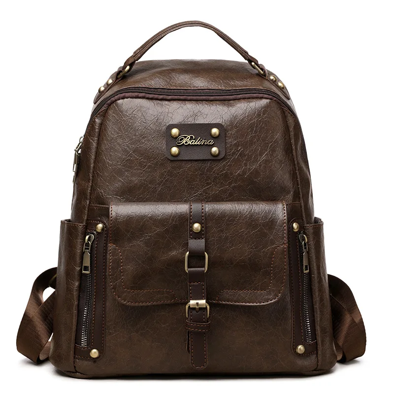 Waxed Leather Backpack for Women Studded Edgy Biker Style Vintage Retro Student Bookbag College Essentials Durable