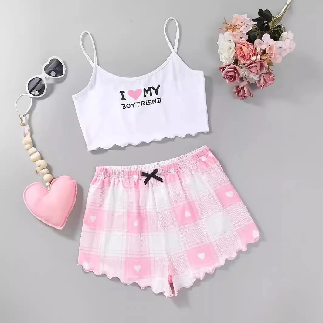 Women\'s Valentine\'s Day Pajama Set with Heart  Slogan Print Lettuce Trim Crop Cami Top  Elastic Shorts Comfortable Sleepwear