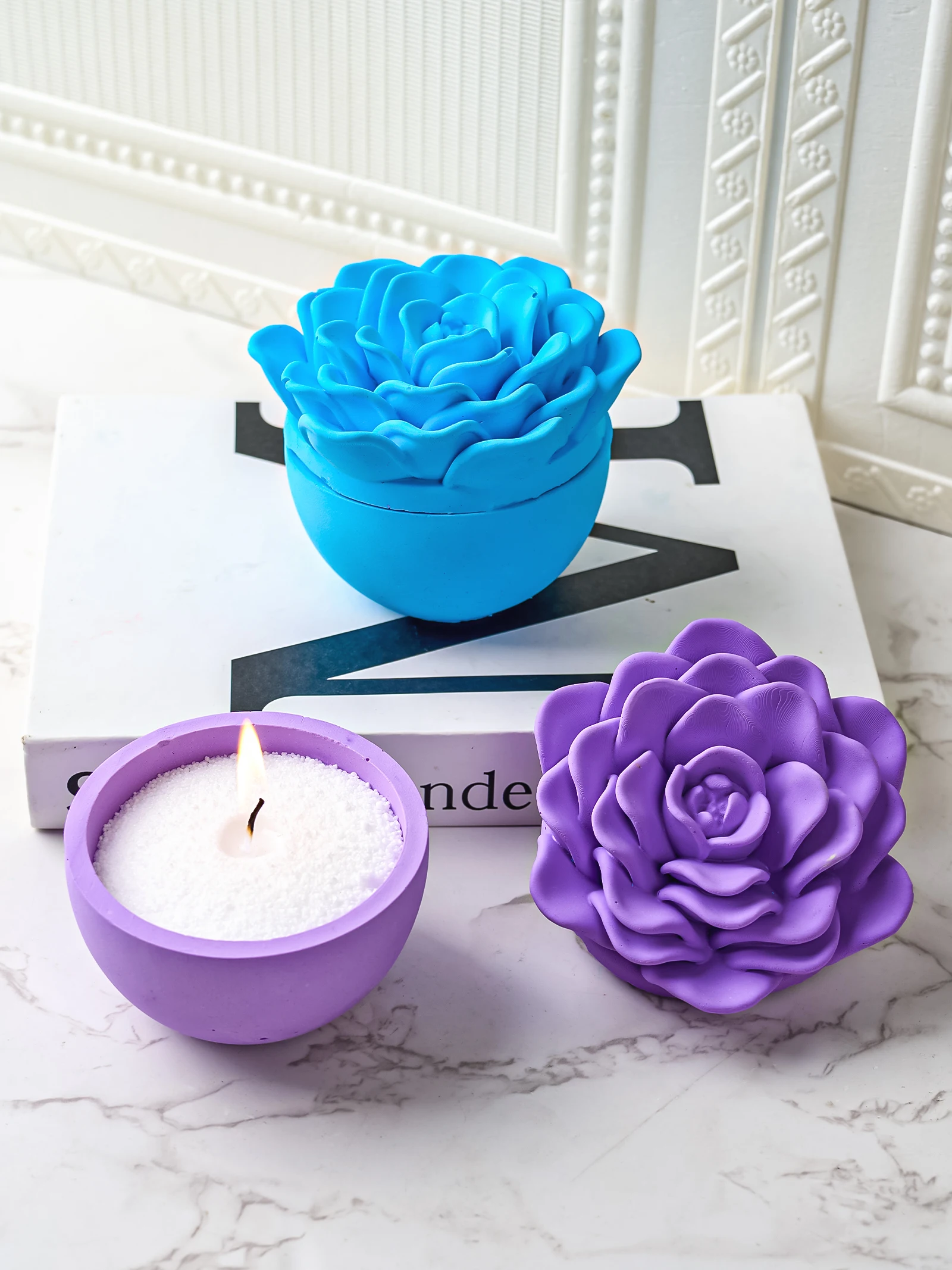 3D Rose Flower Candle Jar Silicone Mold with Lid Peony Jewelry Storage Box Crafts Making Plaster Resin Casting Molds Home Decor — zdjęcie 3