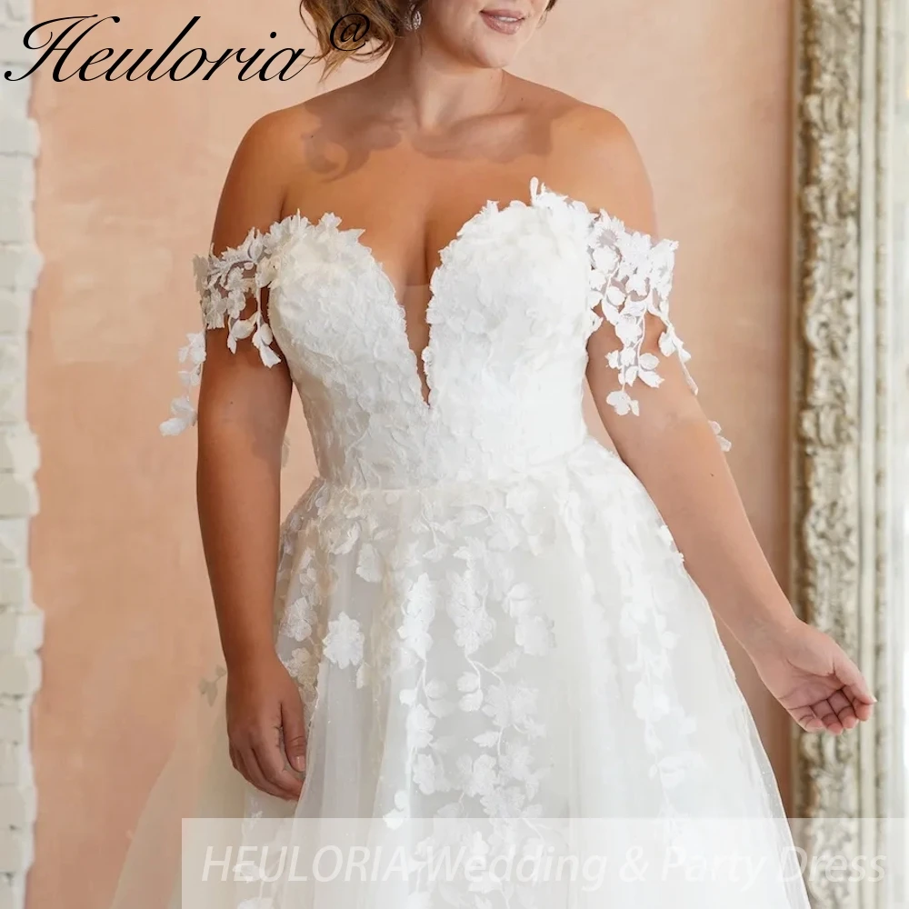 

HEULORIA elegant lace bride dress off shoulder lace up with beading wedding dress plus size