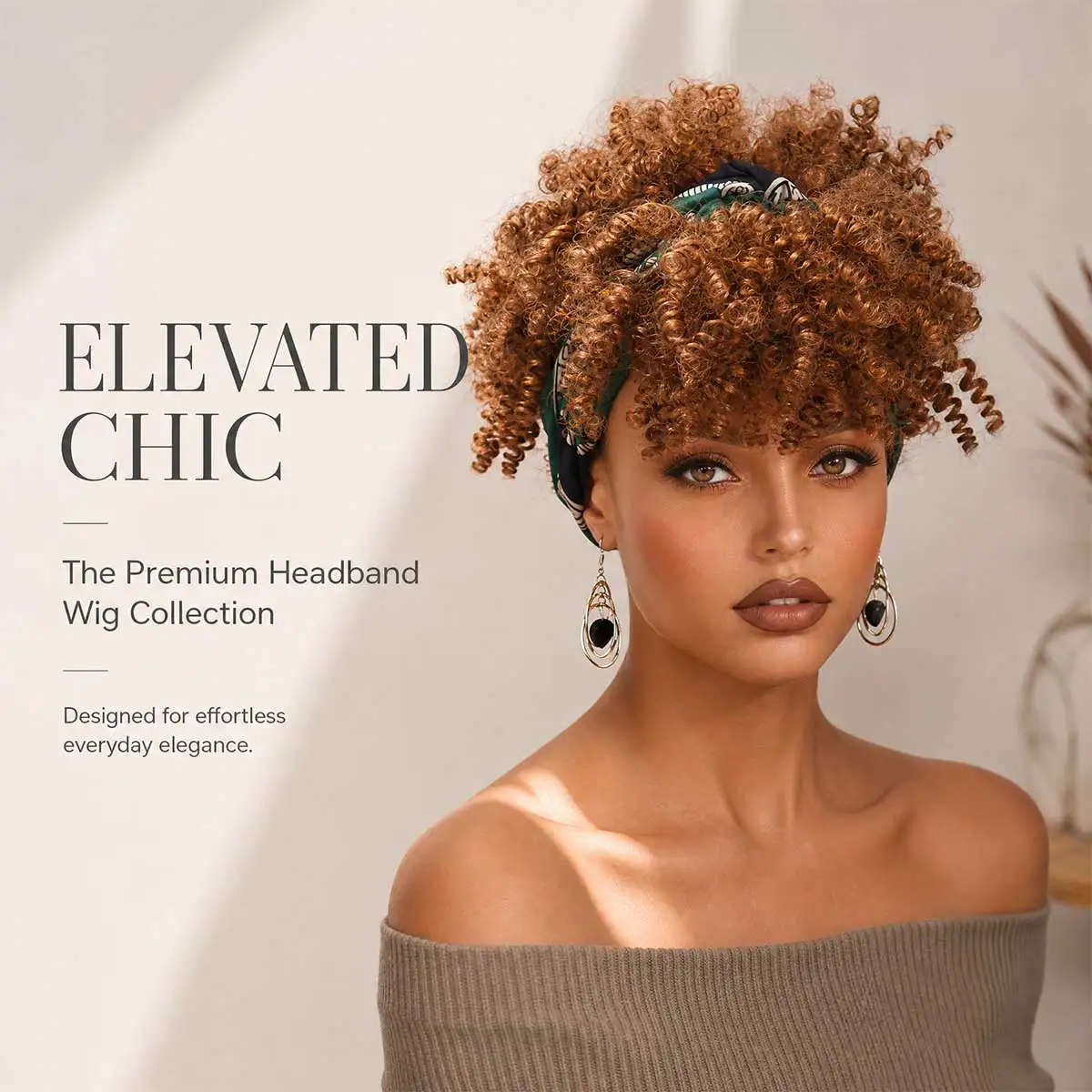 Caramel Brown Afro Puff Headband Wig for Women, Short Fluffy Kinky Curly Synthetic Glueless Updo Wig Natural Voluminous Curls