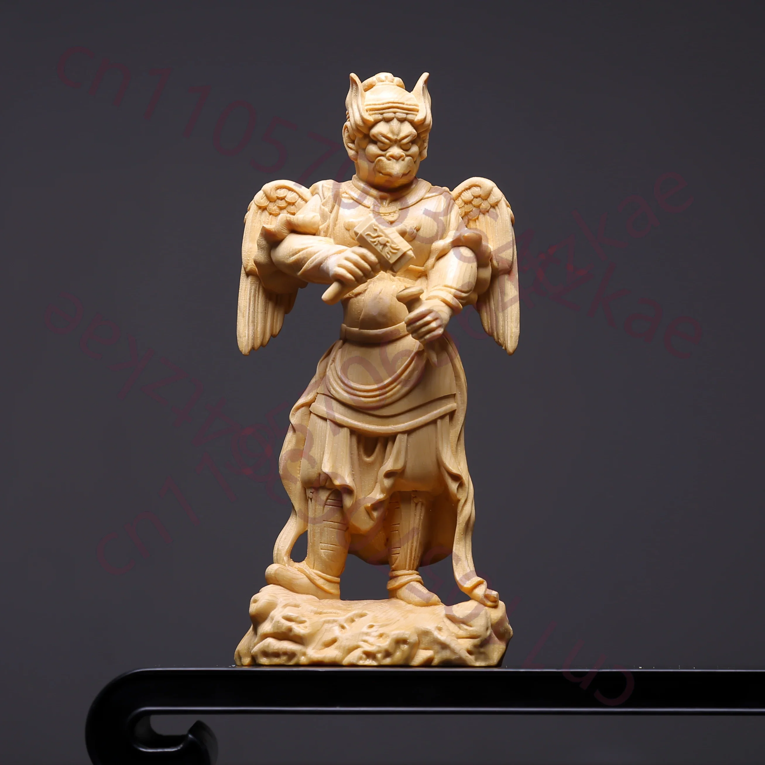 Hinoki Cypress Wood Hand Carved Lei Zhenzi Statue Figurine - Thunder God General Protector Deity Sculpture Ornament