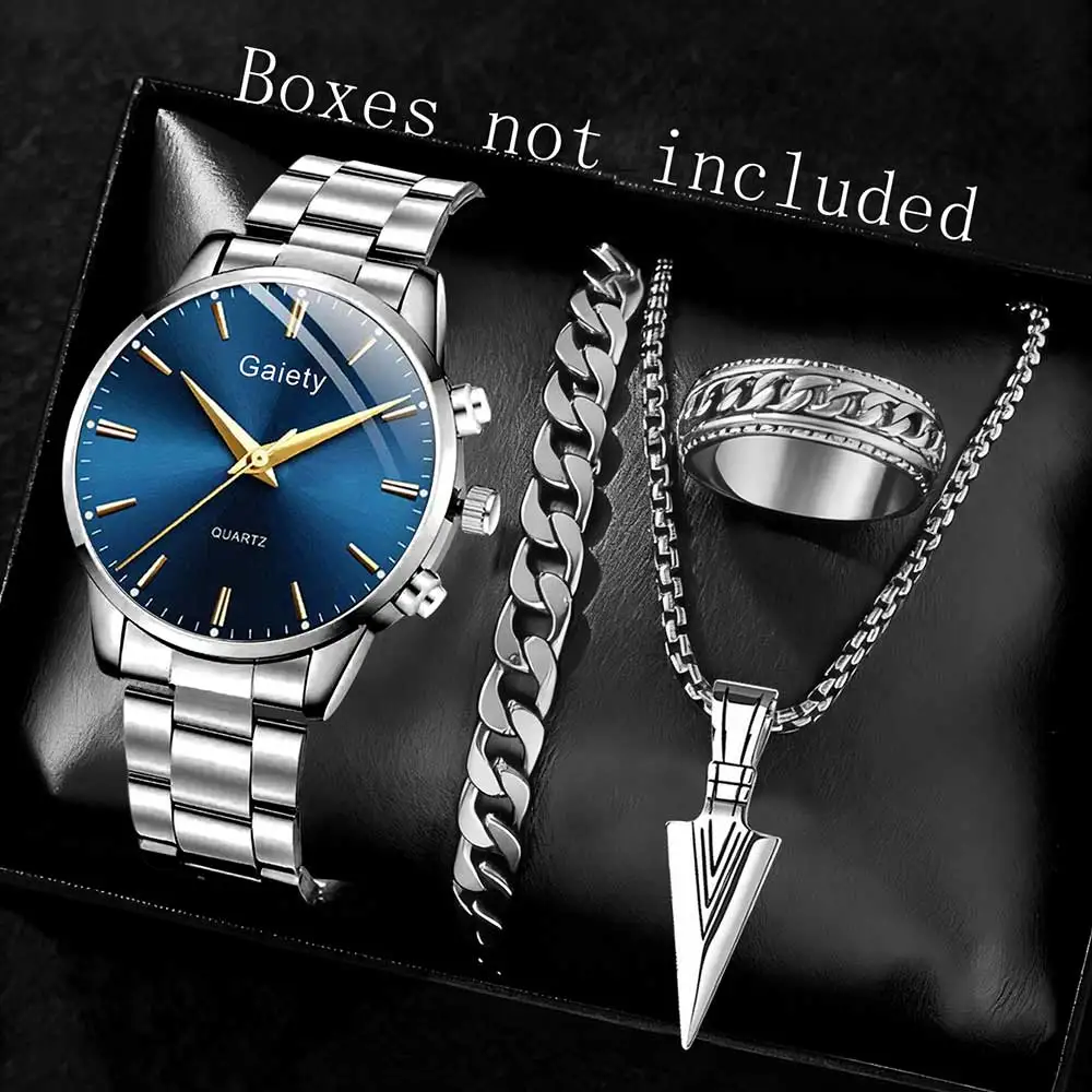 

Набор деловых мужских часов из 2/4 шт., модный и простой набор аксессуаров для кварцевых часов с синим циферблатом, подходящий для повседневной одежды