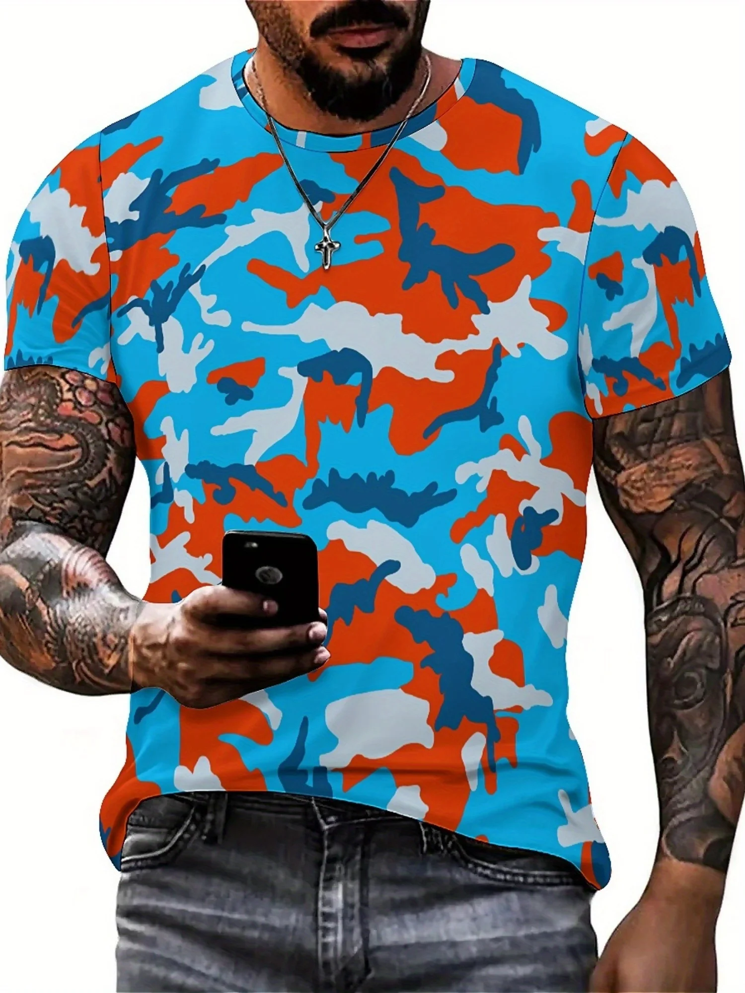 القوطية نمط ثلاثية الأبعاد مطبوعة التمويه تي شيرت هندسية كامو طباعة المتضخم ملابس للرجال القوطية موضة الصيد المحملة الصيد القمم #1