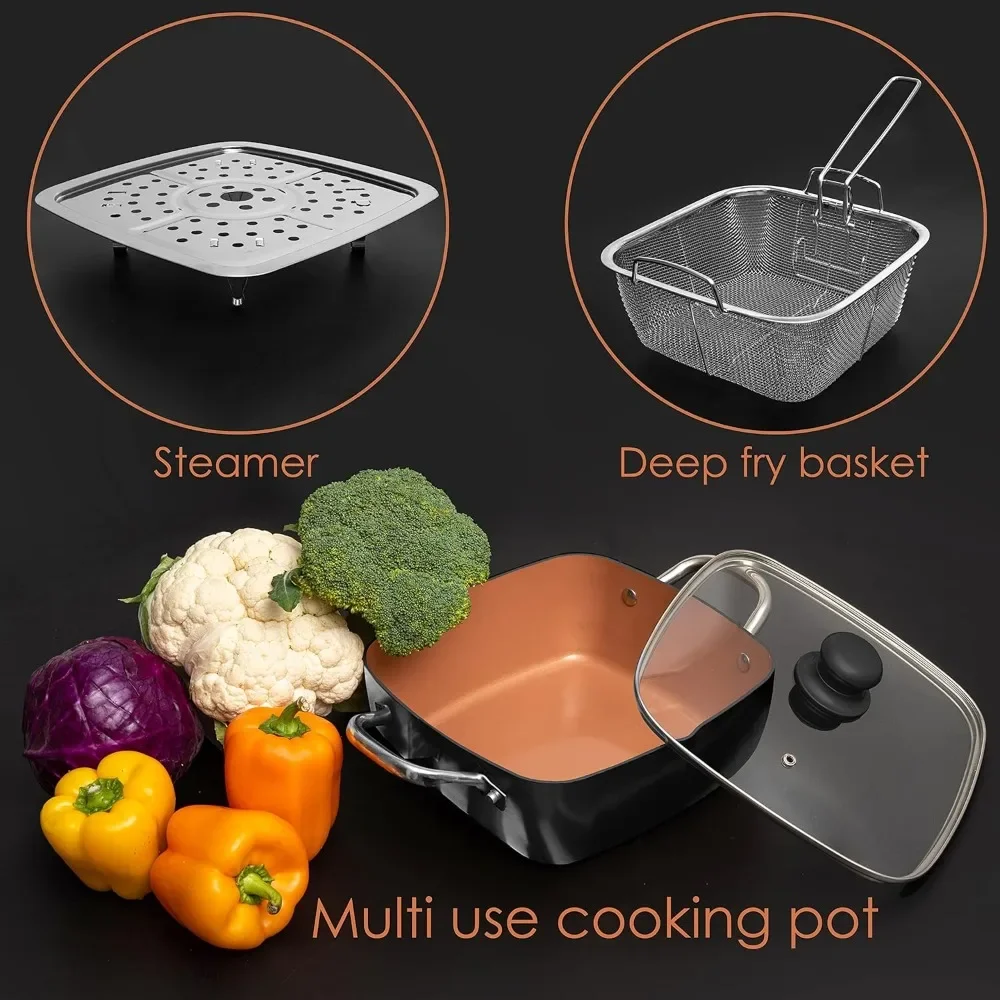 Copper 5 Piece Set Chef Cookware, Non Stick Pan, Deep Square Pan, Fry Basket, Steamer Tray, Dishwasher &Oven Safe,5 Quart Copper