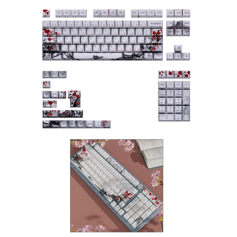 

128Keys Plum Blossom Keycaps Thick PBT Flower Keycap Set for 61/87/108 Game Mechanical Keyboards Switches