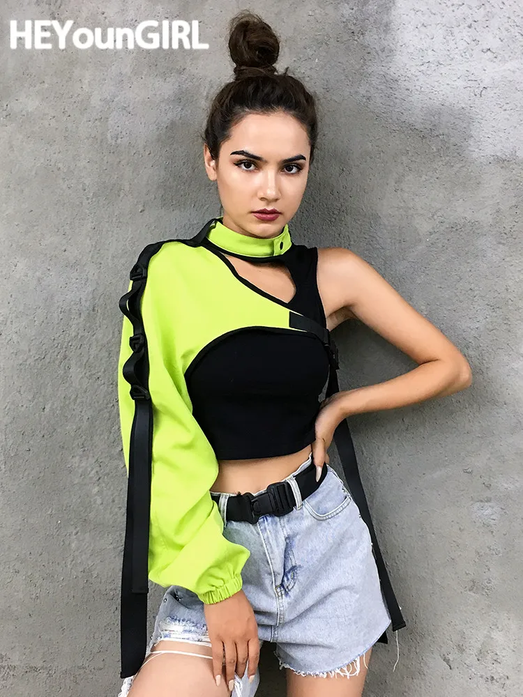 HEYounGIRL Neon Green One Shoulder Off Halter Top Harajuku Black Reflective Tshirt Women Hip Hop Street Wear Tee Shirt Femme