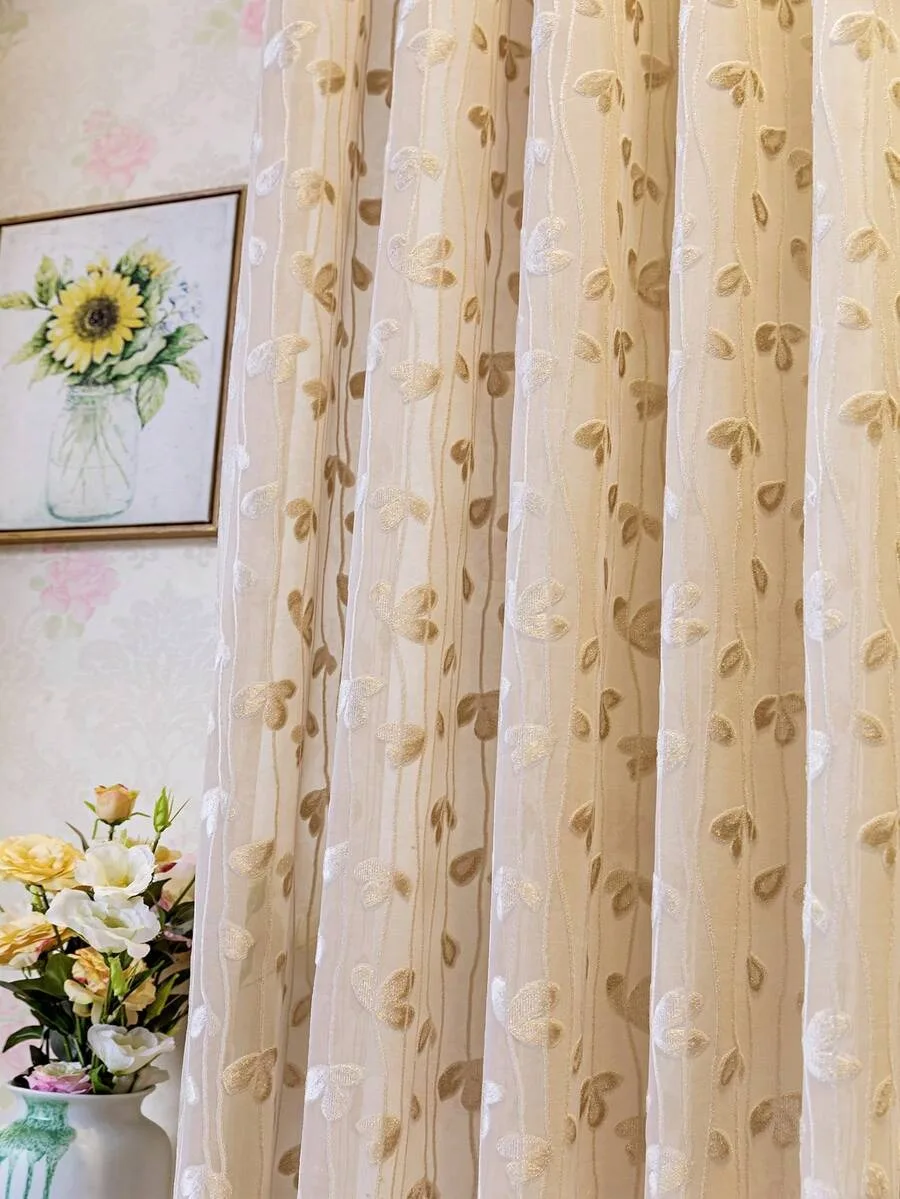 1pc European Style Flocked Sakura Pattern Curtain Sheer Panel For Living Room, Thickened Semi-Transparent Partition Curtain
