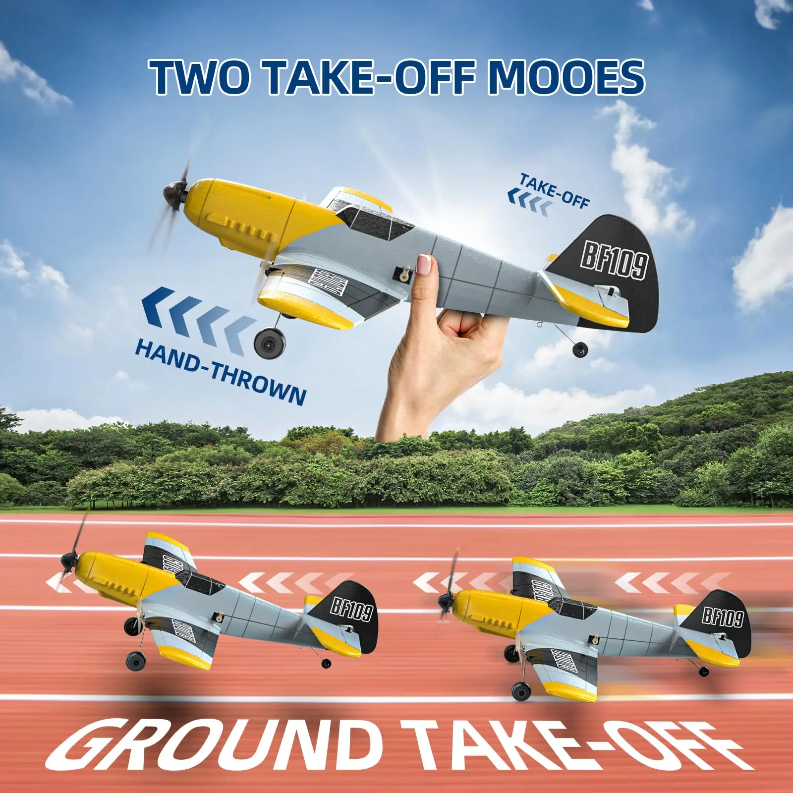 DEERC RC Plane BF-109, 3 canales, 2,4 GHz, giroscopio de 6 ejes, planeador RTF, 2 baterías, Easy Fly para adultos, niños, principiantes