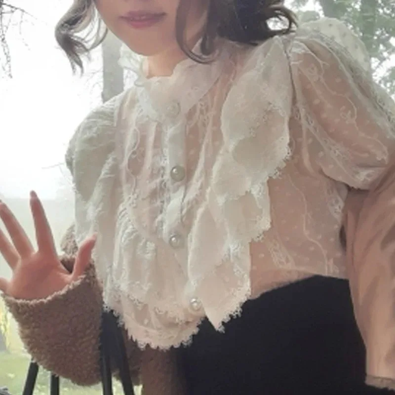 Vintage Ruffled Lace Shirt Women Long Sleeve Tops Loose Elegant Blouse Women Stand Collar Slim White Casual Blouses Blusa 15832