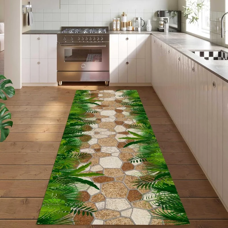 Tapis de couloir Tropical Stone Path Runner, tapis de sol antidérapant pour cuisine, couloir, vert, jungle, nature, décoration de la maison