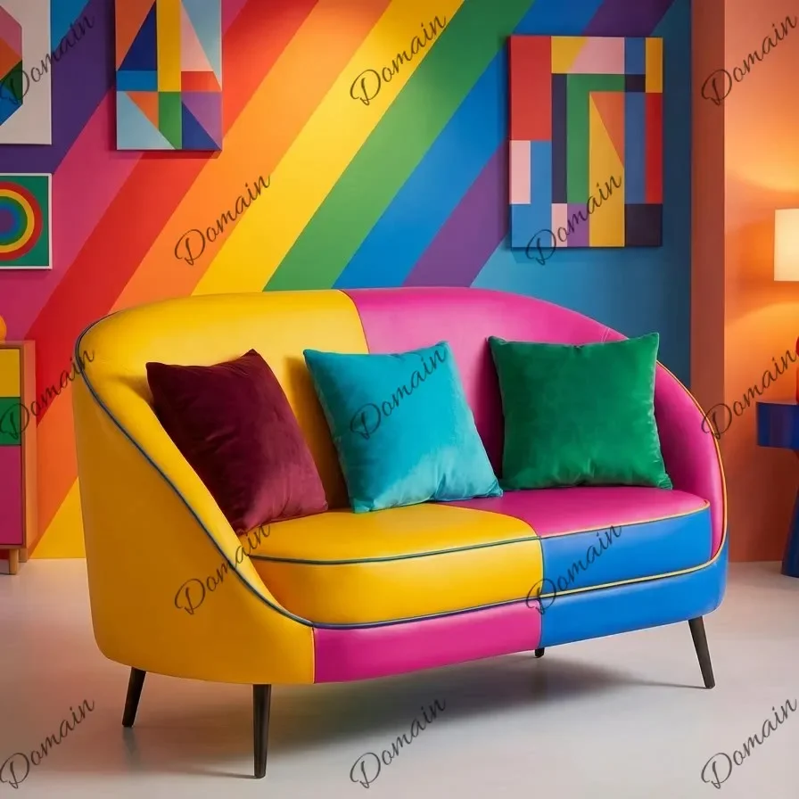 N81 Creative Color Block Leather Sofa Chair Dopamine Decor For Cafe Coffee Shop Lounge Seating