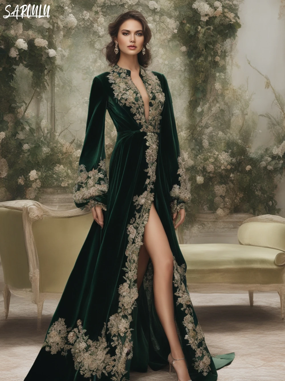 Vestido de veludo saudita com decote em v, Kaftan muçulmano, Vestidos de baile, Manga comprida, Apliques, Novia