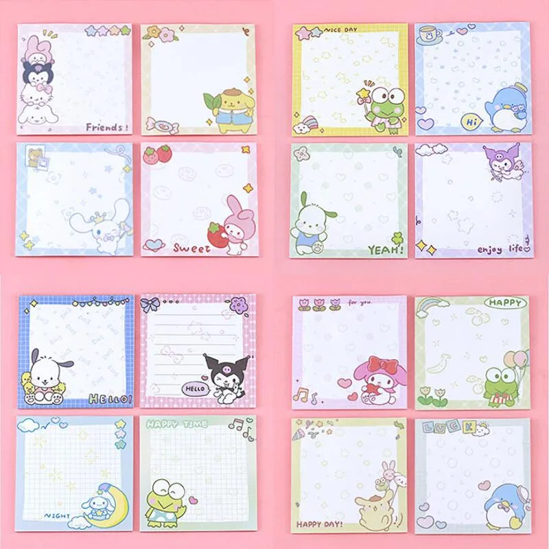 Sanrio แผ่นจดบันทึก80แผ่นกระดาษโน๊ตเมโลดี้น่ารัก pochacco Kuromi แผ่นป้ายเขียนโน๊ตสติกเกอร์วางแผนโพสต์อุปกรณ์การเรียน