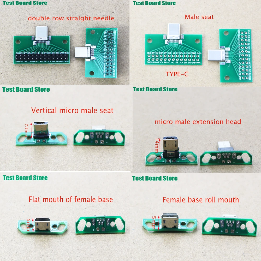 1Pce Test board Data Charging Cable Jack Board with Pin Header 90 Degree Micro Mini USB Female Male Connector Vertical Base