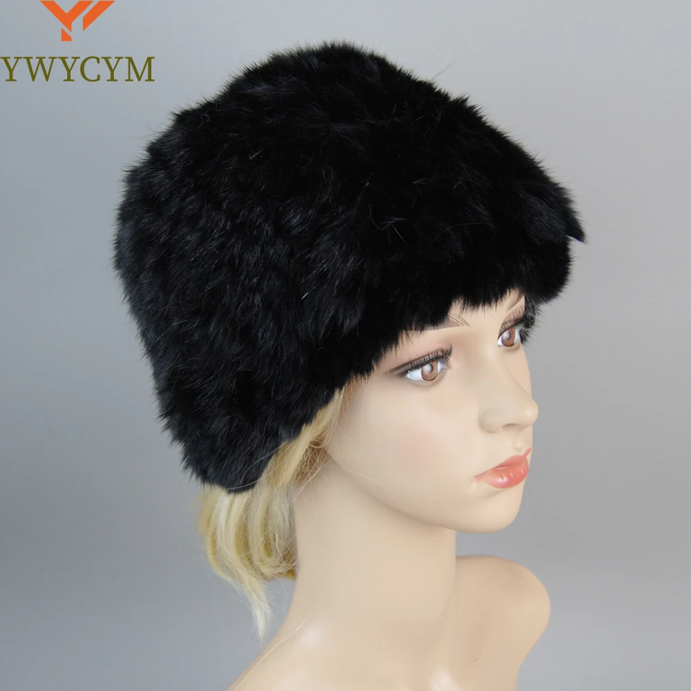 Russian Women Good Elastic Real Rabbit Fur Skully Hat Lady Winter Warm Knitted Genuine Rabbit Fur Hats Outdoor Fluffy Fur Caps