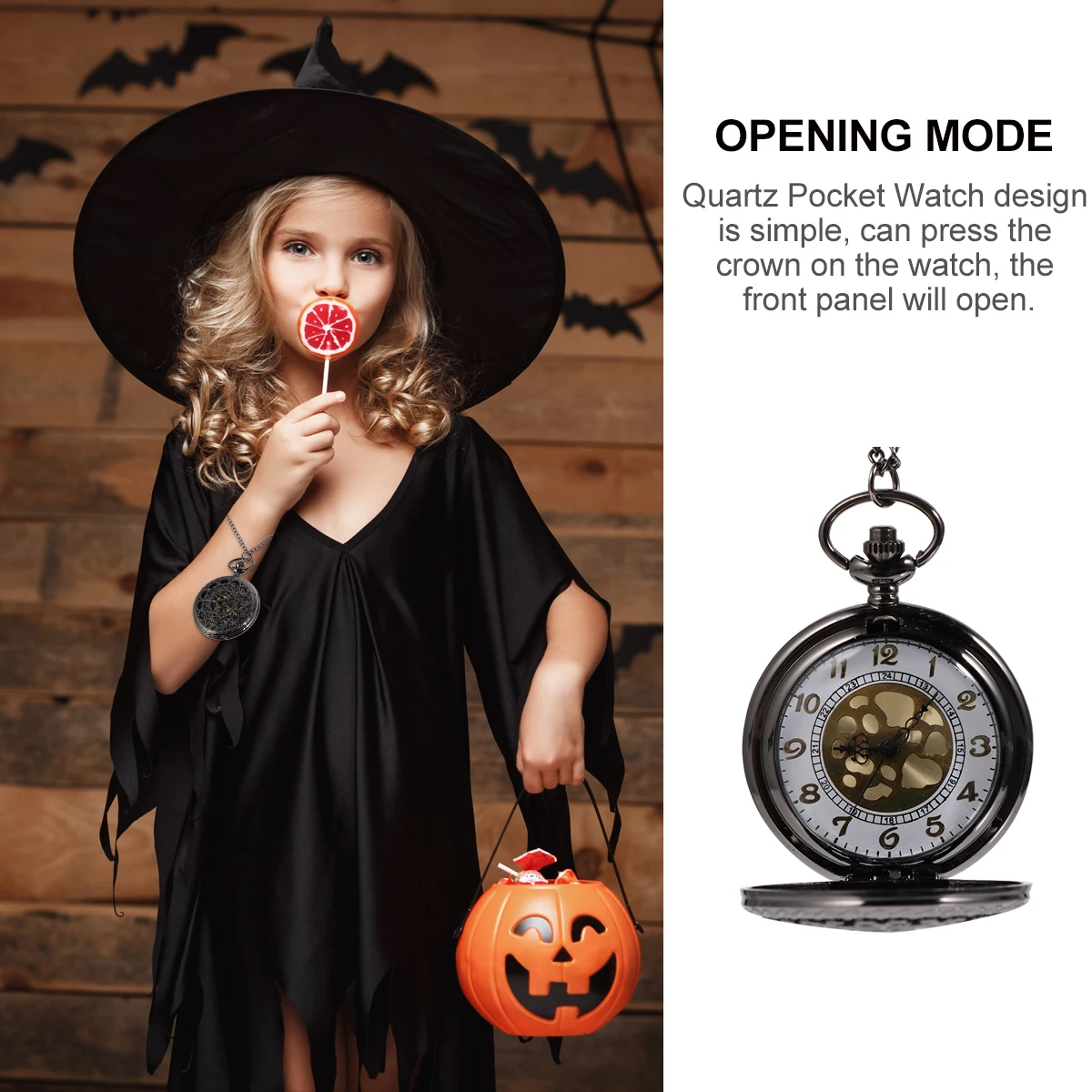 Bolso oco com corrente relógio de bolso presente preto durável liga caso lente clara imprensa coroa corrente fina tamanho pequeno