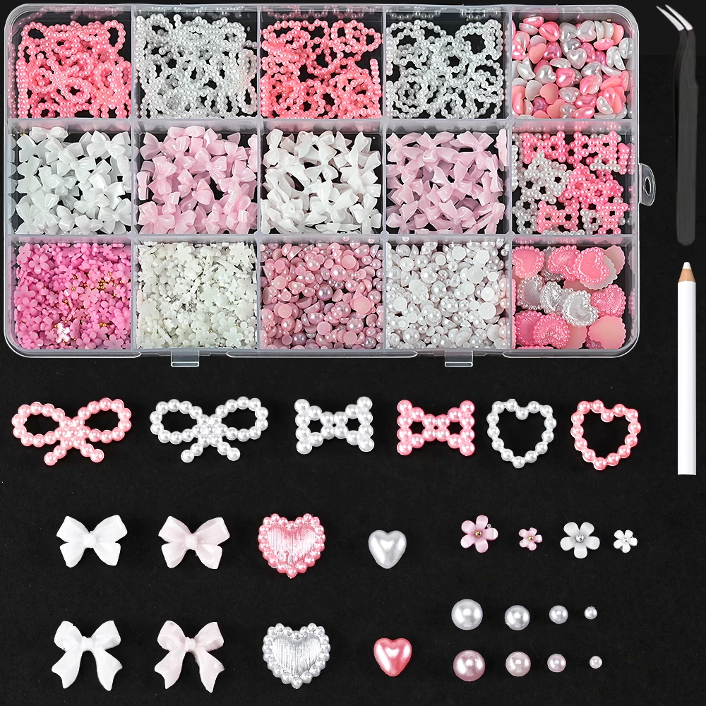 1 Box Rosa Weiß Serie Schleife Herz Nagel Charms 3D Acryl Nail art Dekorationen Perle 5-blütenblatt Blume Schmuck maniküre Zubehör*