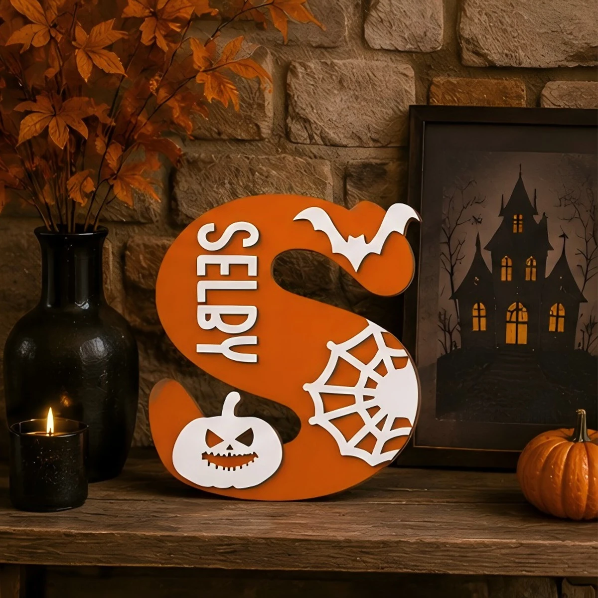 Custom Halloween Initial Letter Wooden Name Monogram Plaque With Bat Spider Web Jack‑O'‑Lantern,Fall Wall Decor,Halloween Gift