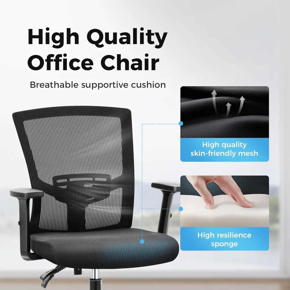Ergonomic Mid-Back Mesh Office Chair Adjustable Armrest Breathable Home Desk Computer Task Chair Long-Tail Comfort