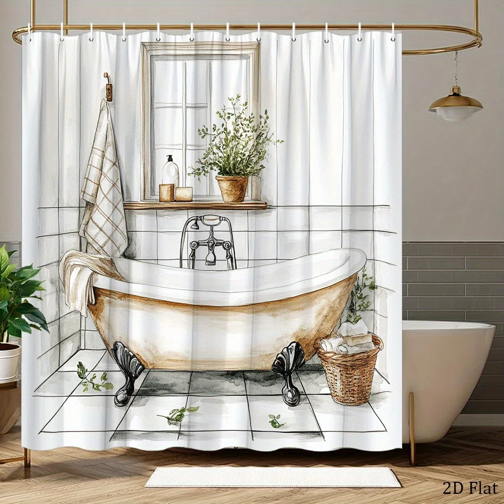 Rustic Bathtub Shower Curtain Vintage Clawfoot Tub and Tile Design Polyester Bath Curtain with 12 Hooks for Cozy Decor
